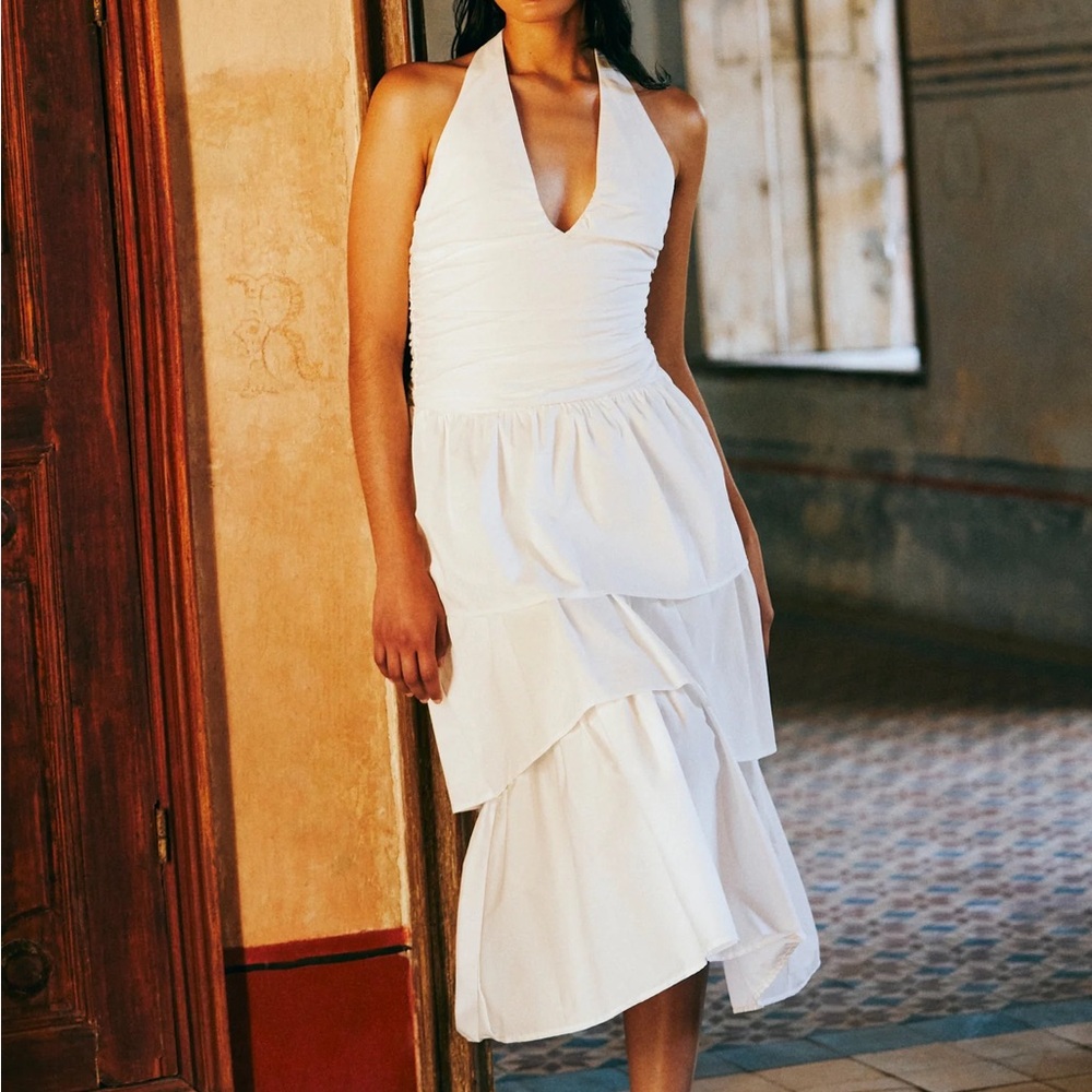 White Halter Tiered Midi Dress